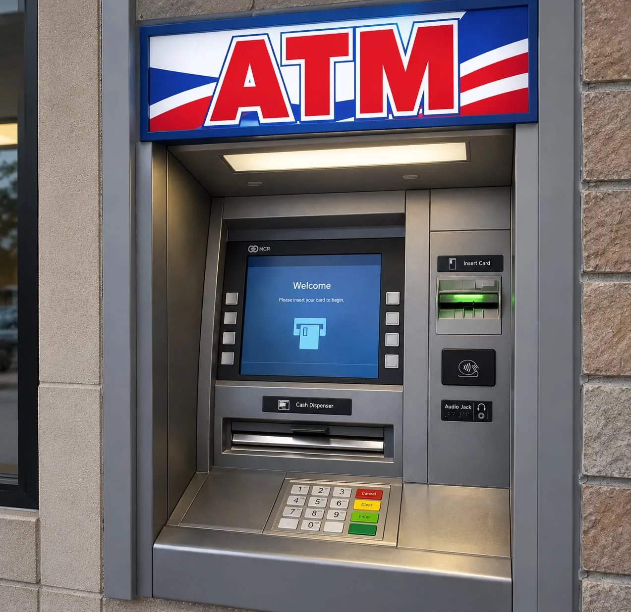 Wall-mounted ATM with a metal ATM keypad below the cash dispenser, screen buttons either side of the display, an audio jack and a contactless reader